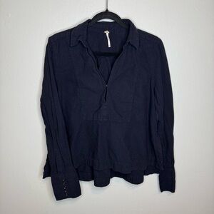 Free People Through The Storm Pullover Combo Long Sleeve V Neck Linen Cotton